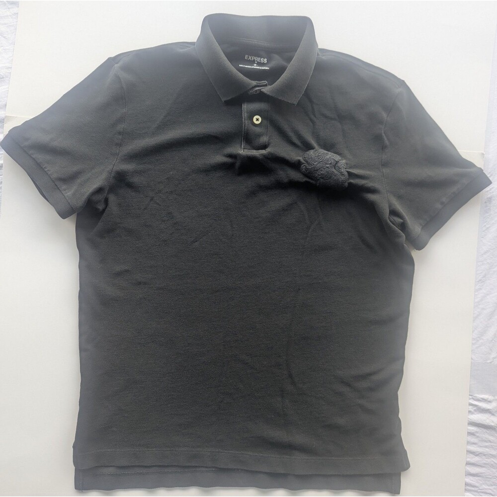 Express Men's Pique Shirt M Black Embroidered Logo Short Sleeve